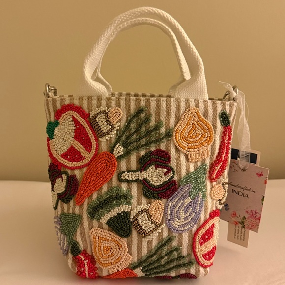 Handcrafted in India Beaded Bag Canvas Tote Vegetables w/ Tan & White Stripes - Picture 3 of 9